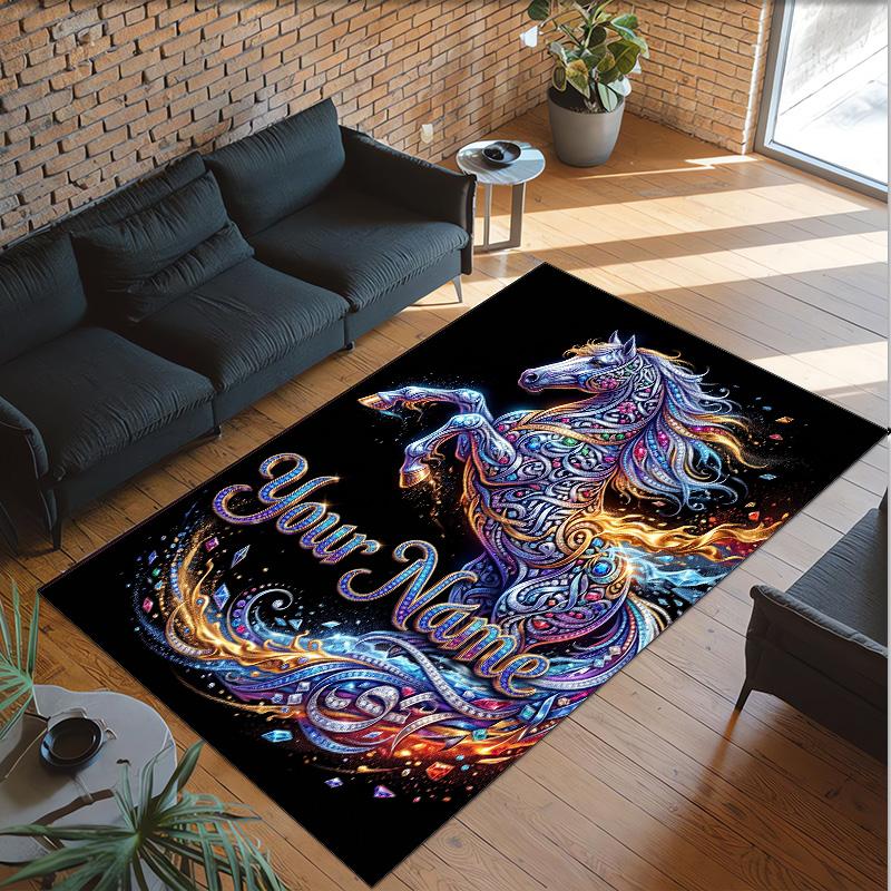 Horse Theme Crystal Velvet Floor Rug Personalized Custom Name Text Warm Carpet Home Decoration