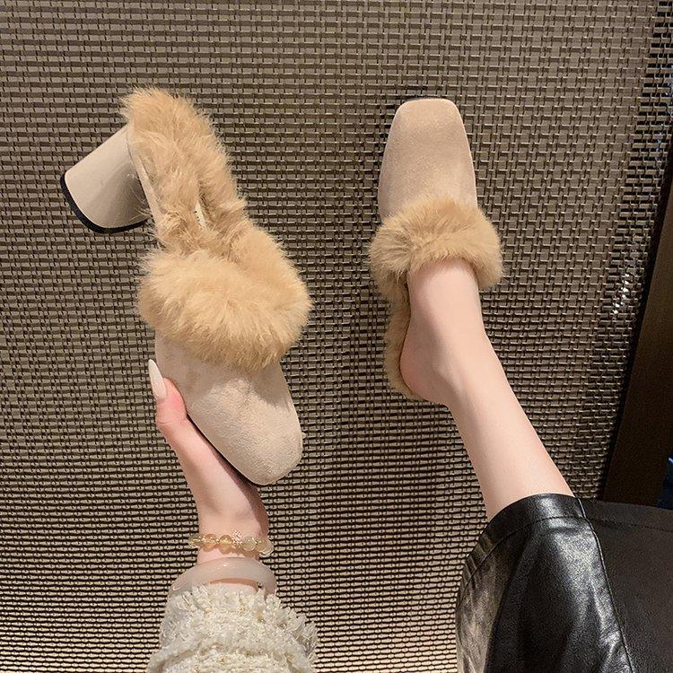 Зимние женские меховые туфли, элегантные модные закрытые туфли на каблуке 5 см, женские сексуальные толстые мягкие теплые тапочки 35-43