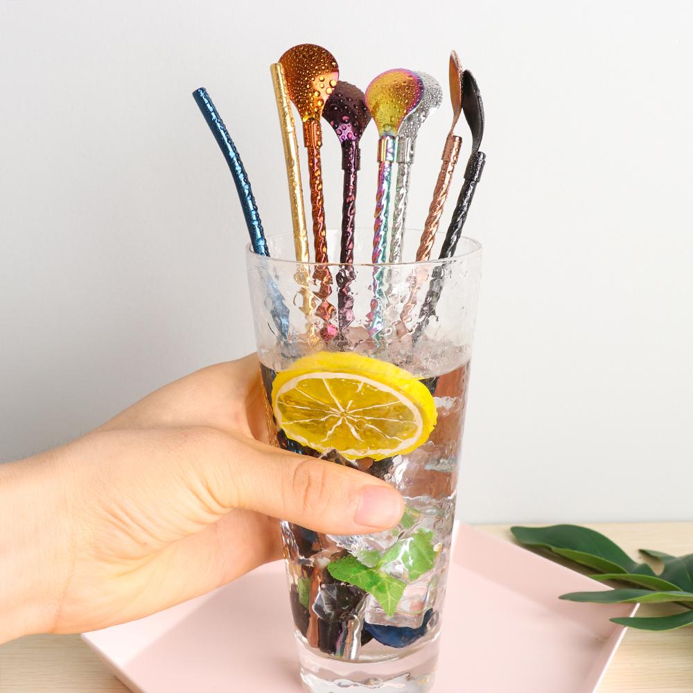 Home Reusable Metal Bent Filter Straws Spoon Drinking Straw Stainless Steel Coffee Spoons
