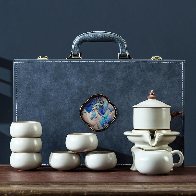 Beige Ru Kiln Kung Fu Tea Set Household Ceramic Automatic Set Office Visiting Tea Small Set Gift Box Printing
