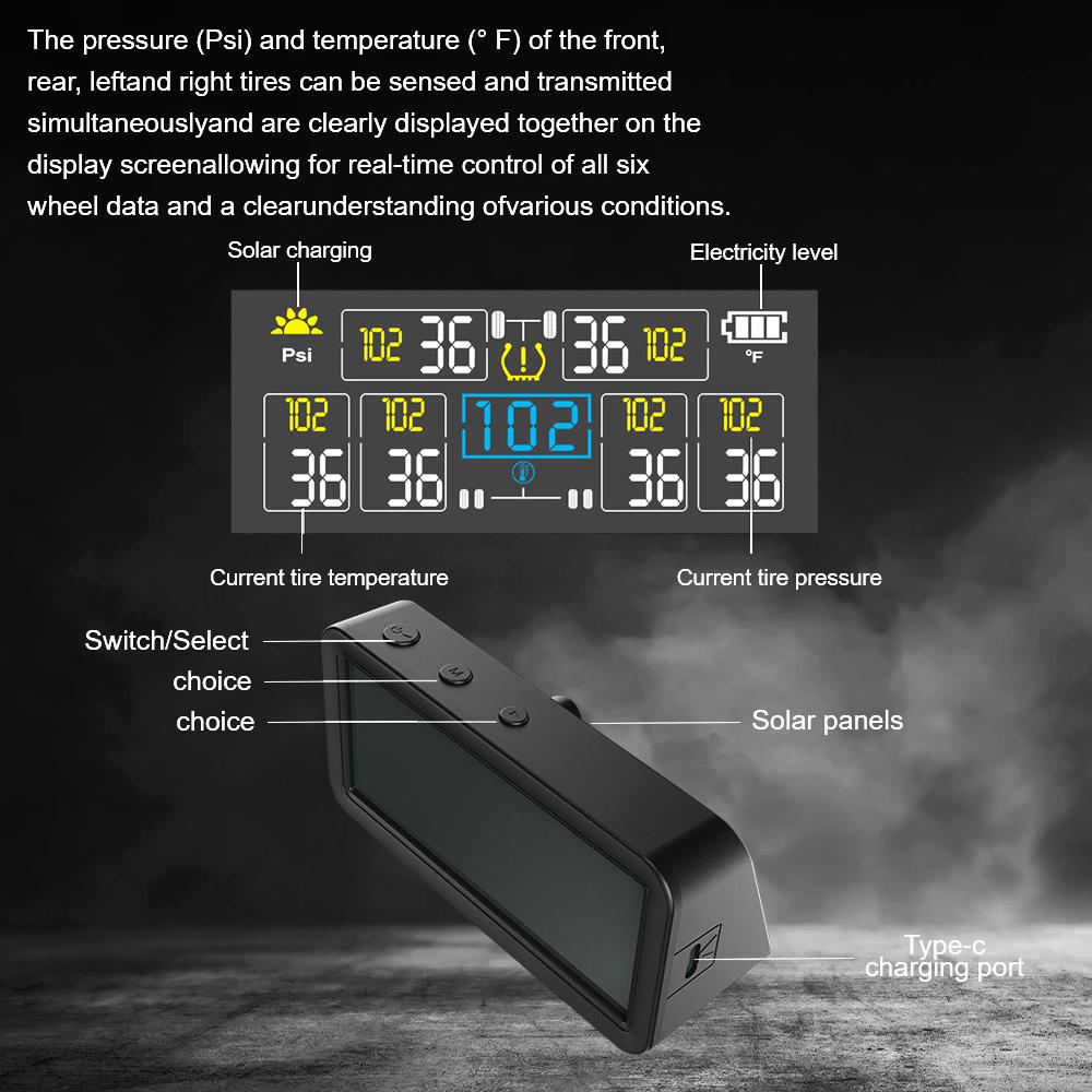 4/6 Внешних Датчиков Солнечная TPMS Сигнализация Давления в Шинах Автомобиля Водонепроницаемая Предупреждение о Давлении и Температуре в Шинах Цифровой ЖК-Дисплей 0~9,9 Бар Грузовик Дом на Колесах