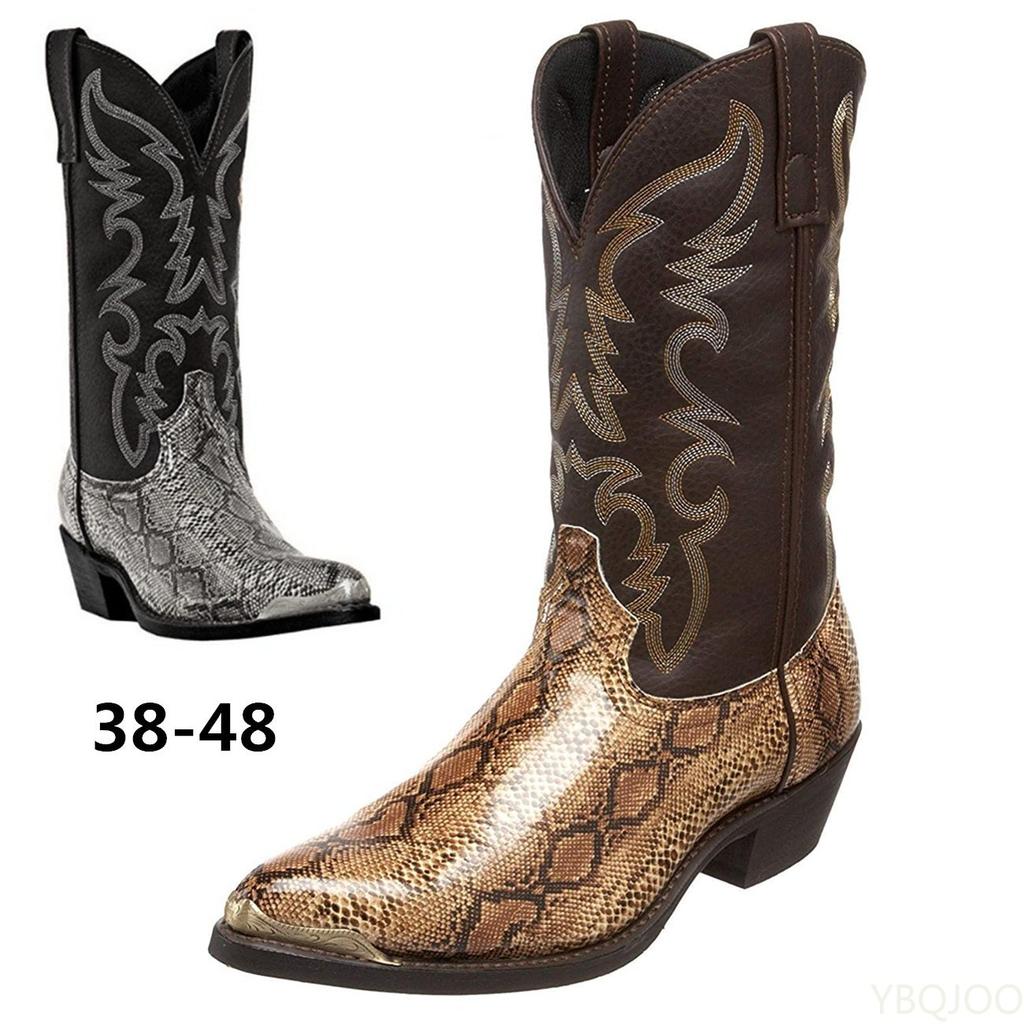 2025 Autumn Winter Newest Men Boots High Heel Iron Head Embroidered Serpentine Western Cowboy Boots Men Pointed Toe Slip-On Boots