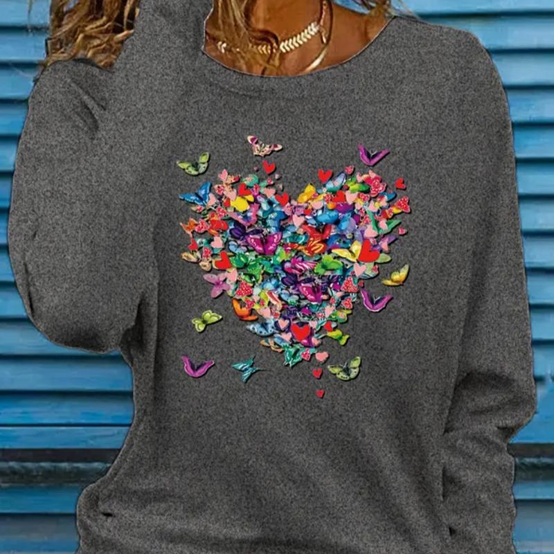 Топы для женщин с принтом в виде летящей бабочки, круглым вырезом и длинным рукавом, футболка на осень, облегающий женский топ с длинным рукавом