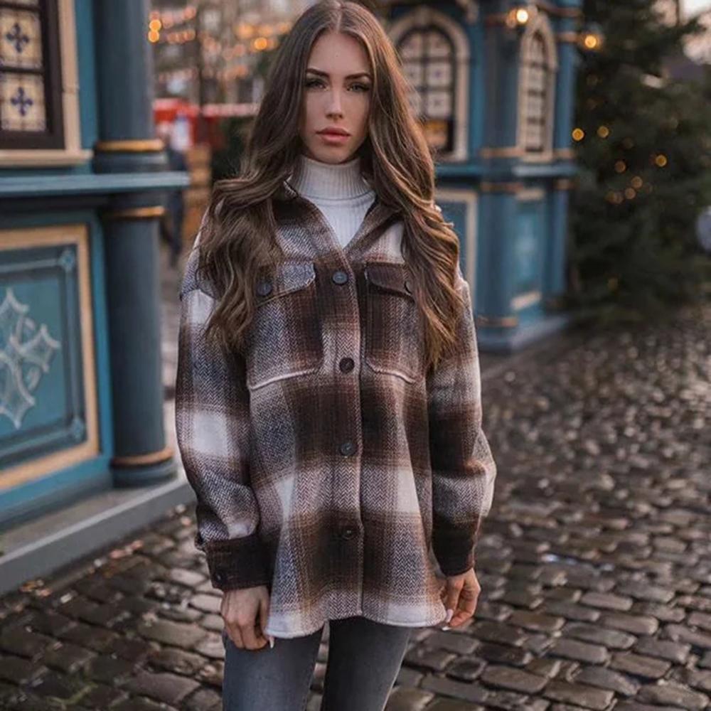 Винтажное женское шерстяное пальто с длинным рукавом, модное женское толстое клетчатое пальто, женская уличная одежда, элегантная шикарная куртка большого размера для девочек