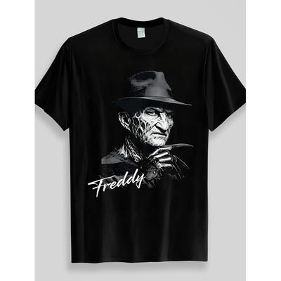 Freddy Krueger, The Classic Horror Icon Against a Black Background, with His Distorted Face And Claws, Makes a Men'S T-Shirt with a Horrifying Style