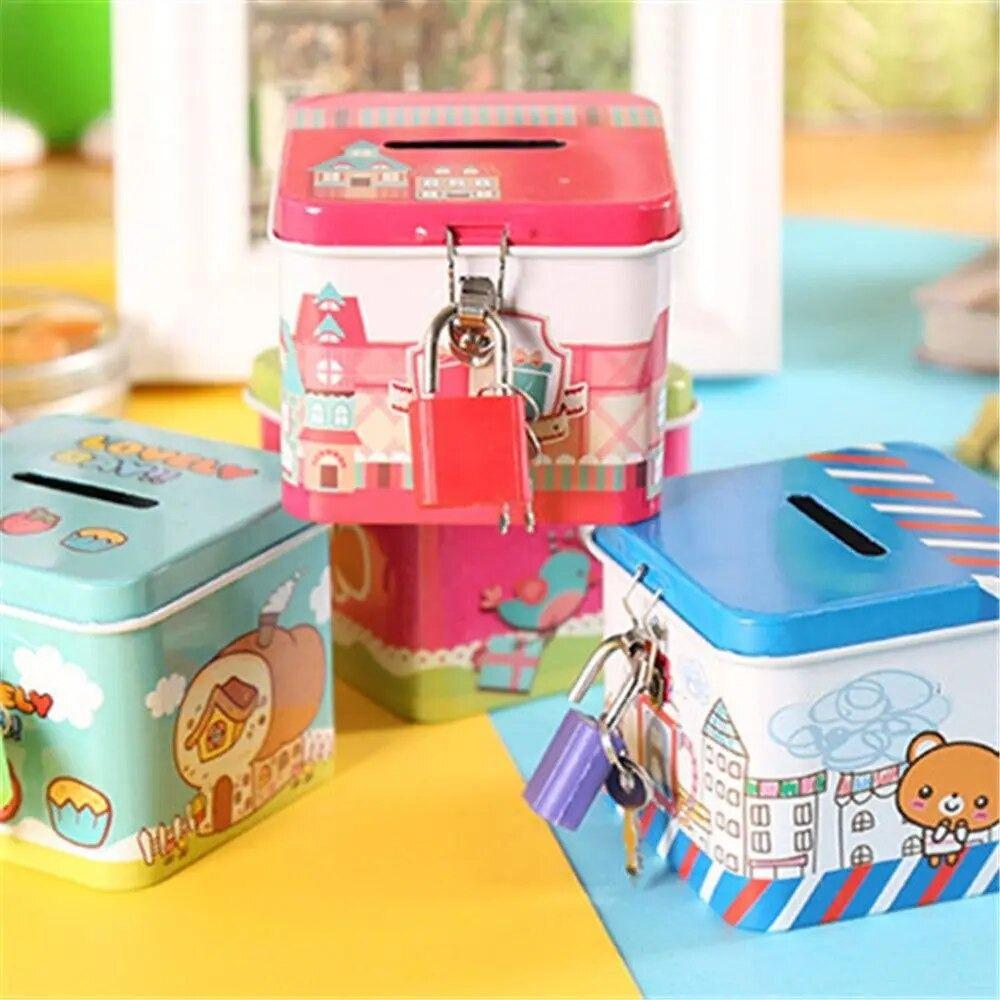 With Lock Square Change Jar Cute Metal Jewelry Box Simple Cartoon Piggy Bank Home Decor