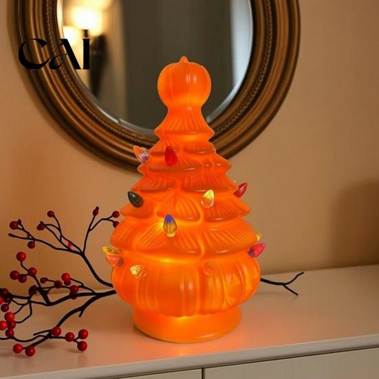 Halloween Window Display Props Tree Decorations, Lighted Resin Figurine with Pumpkin Black Cat Handcrafted Ornament Ghost, Battery-Powered Tabletop