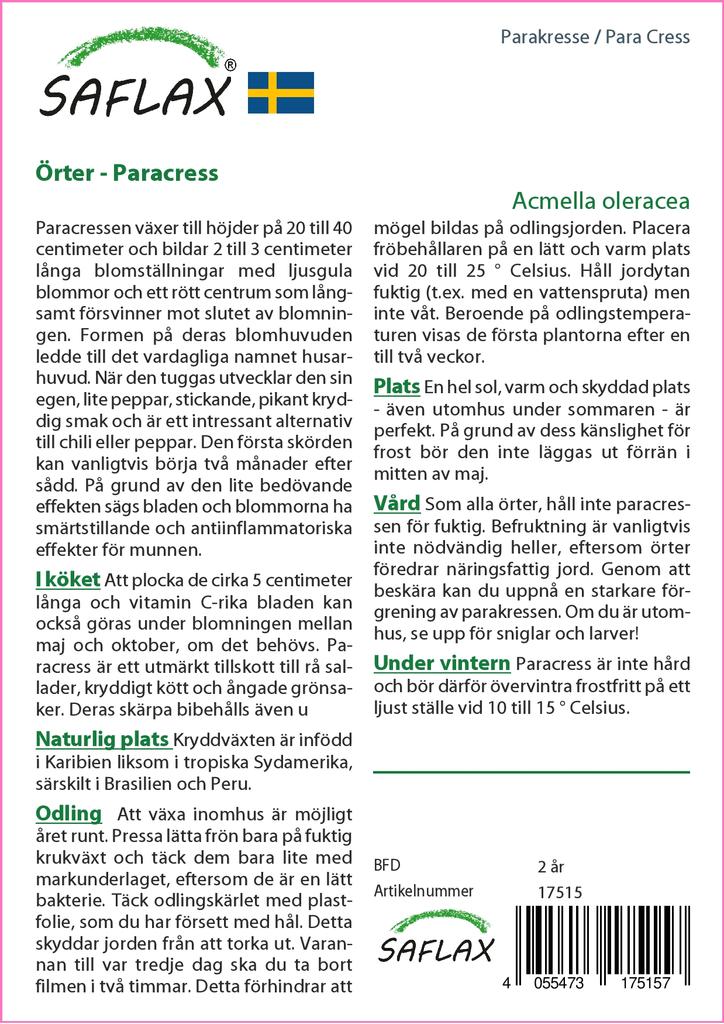 SAFLAX Подарочный набор - Кресс-салат - 500 семян - С подарочной коробкой, карточкой, этикеткой и субстратом для горшков - Acmella oleracea