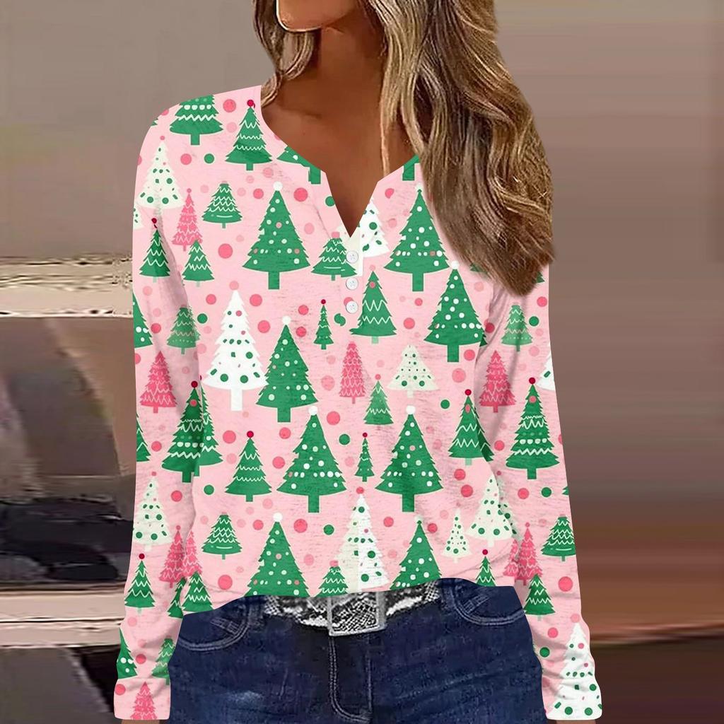 Женская мода повседневная цветочная рождественская печать V-образный вырез с длинными рукавами на пуговицах с длинными рукавами топ