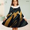 Girls Long Sleeve Printed Dress White Furry Collar And Cuffs Black Blue A Line Flared Hem
