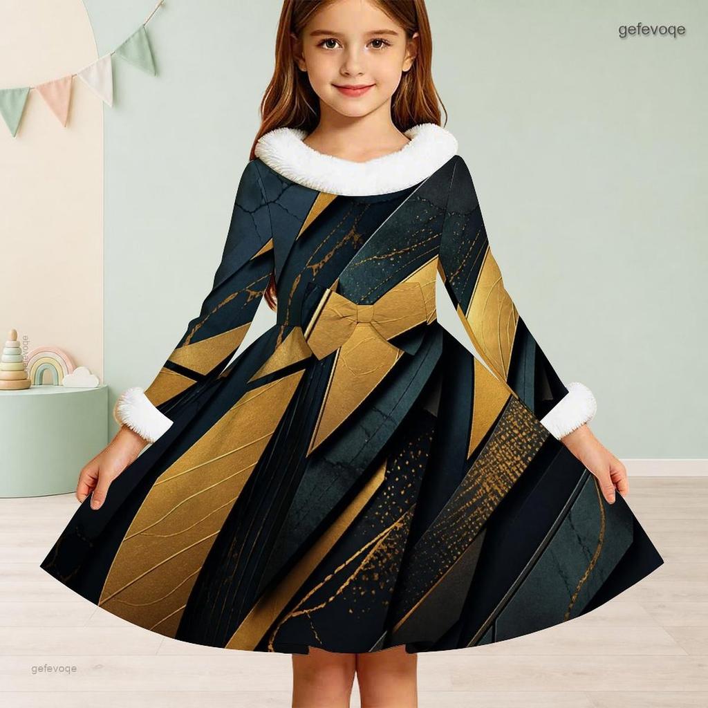 Girls Long Sleeve Printed Dress White Furry Collar And Cuffs Black Blue A Line Flared Hem