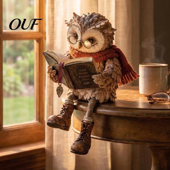 Book Lover Gifts for Christmas Reading Owl Figurine, Creative Statue with Glasses Scarf Boots And Open Book, Small Resin Coffee Table Sculpture