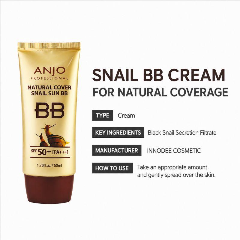 ANJO Натуральный Cover Snail Sun BB-крем SPF50+ PA+++ 50 г – BB-крем с высоким покрытием, выравнивающий тон, с защитой от УФ-лучей