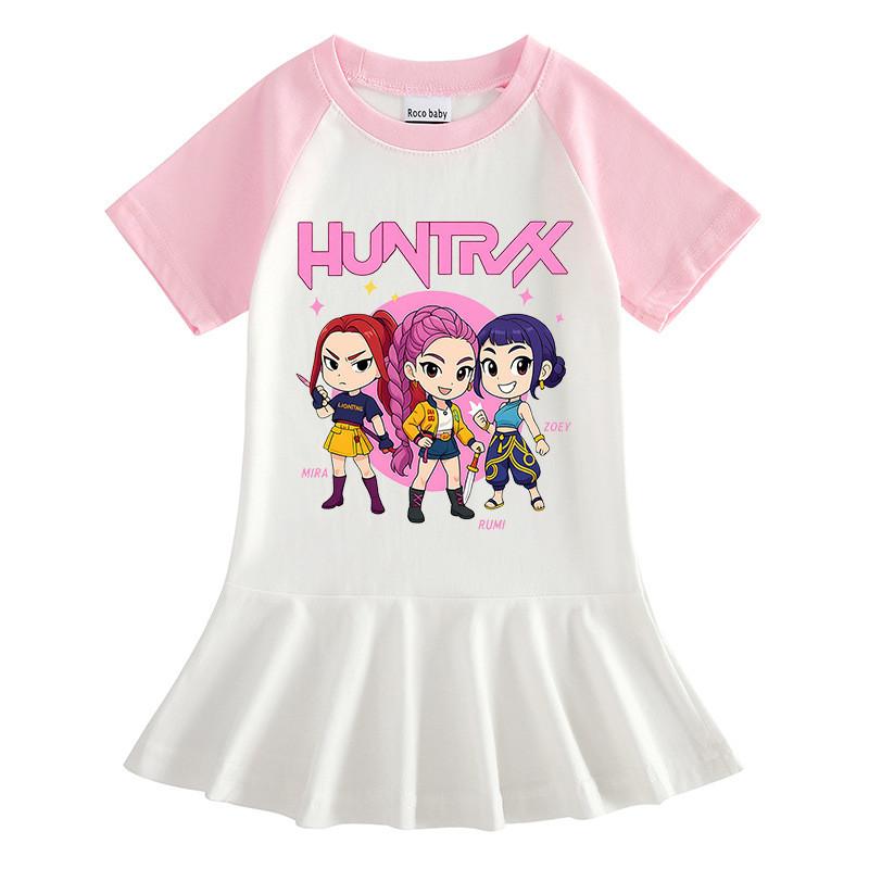 Girls Kpop Rumi Mira Zoey Hunters Print Raglan Sleeves Pleat Dress
