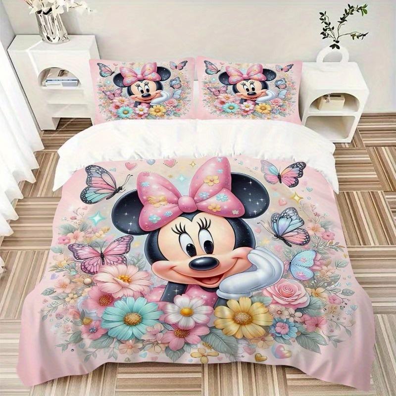 3pcs Cute Minnie Flower Bedding Set, Including 1 Quilt Cover and 2 Pillow Shams, Without Filling, Soft and Comfortable Home Bedroom Fabric, Fashi