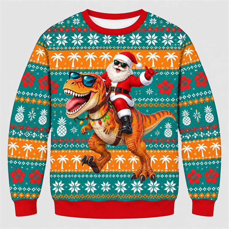 Ugly Christmas Sweatshirt For Unisex Santa Riding Dinosaur Graphic 3D Print Ugly Sweater Autumn Winter Holiday Party Pullover Xmas