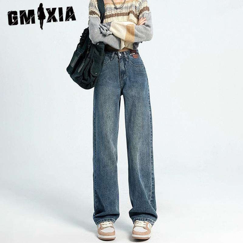 GMXIA Джинсы грушевидной формы, повседневные, с высокой талией, широкие брюки, прямые, кожаные, фирменный дизайн, ретро, брюки до пола, осень