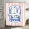 Sardine-Inspired Fashionable Shower Curtain With Hooks - Removable, Durable Polyester, Pink & White Striped Design With Fish