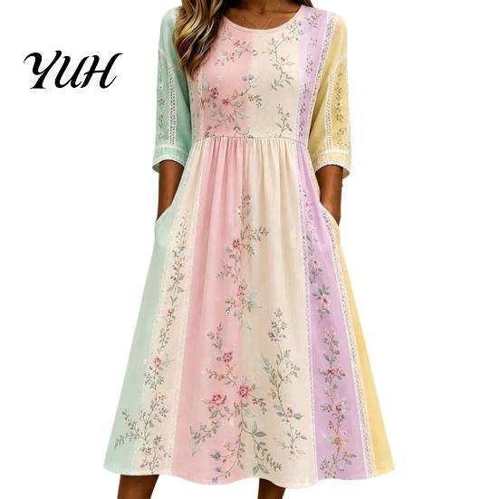 Trendy Autumn Floral Midi Dresses Long Sleeve Dress, Women Cottagecore Waist Cinching Body Shaping Slim Fit Dress for Vacation Street Party
