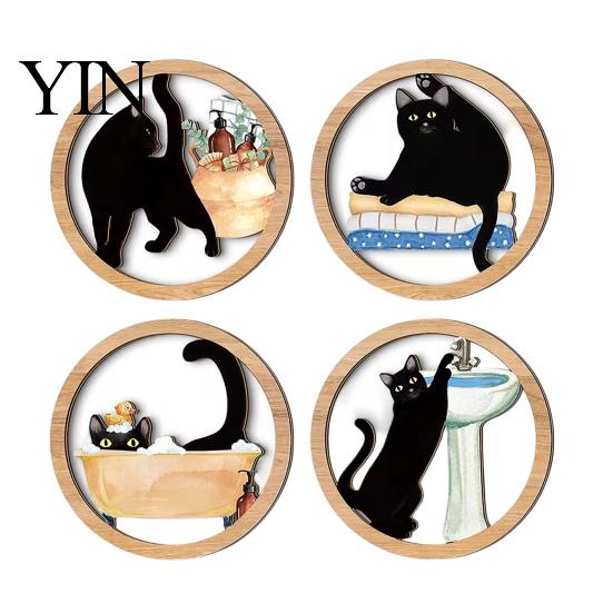 Rounded Corner Wood Art 4 Pcs Minimalist Black Cat Wall Art, Geometric Round Circle Wooden Non-toxic Coating Decor, Abstract Hanging Sign for