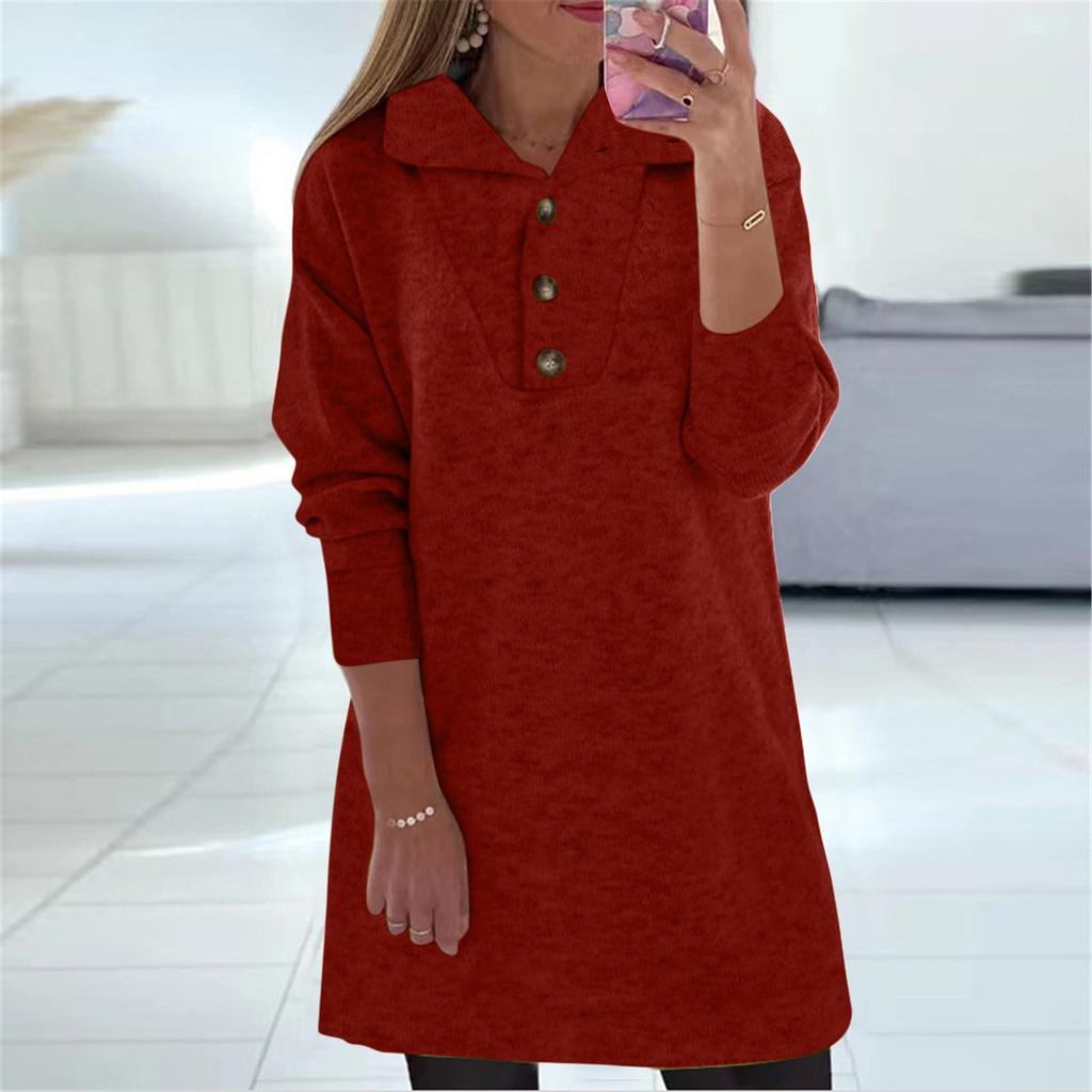 Женское осенне-зимнее однотонное пуловер с длинными рукавами и пуговицами с лацканами, повседневное платье