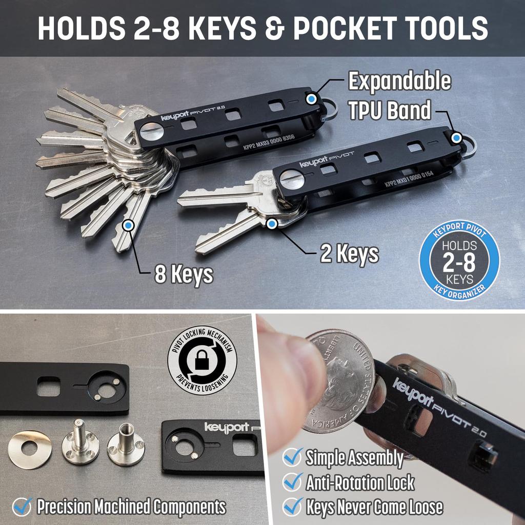 Keyport Pivot 2.0 Essentials Plus Kit - Премиальный органайзер для ключей + Фонарик-брелок + Многофункциональный инструмент-открывалка для бутылок + Все в одном "Потеряно и найдено" Современный
