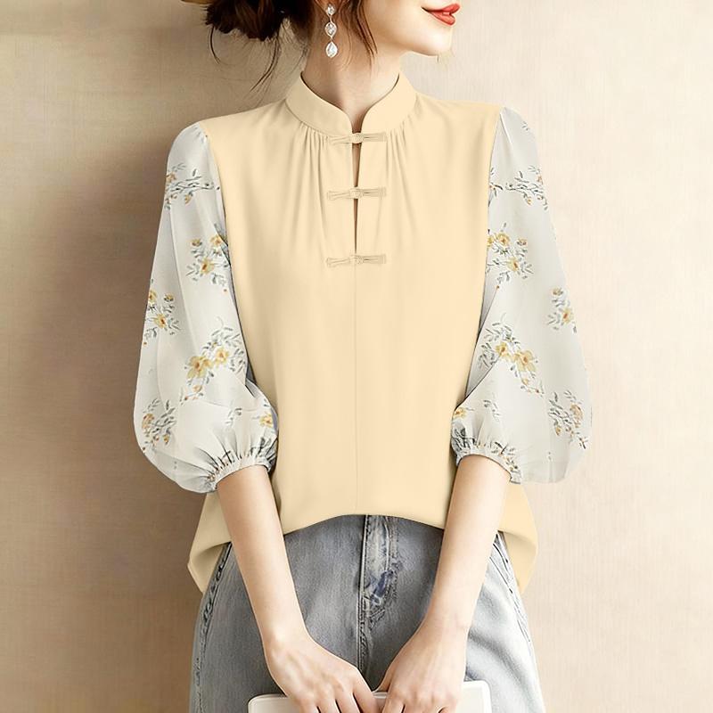 ZANZEA Женская повседневная блузка свободного кроя с воротником-стойкой и рукавами 3/4