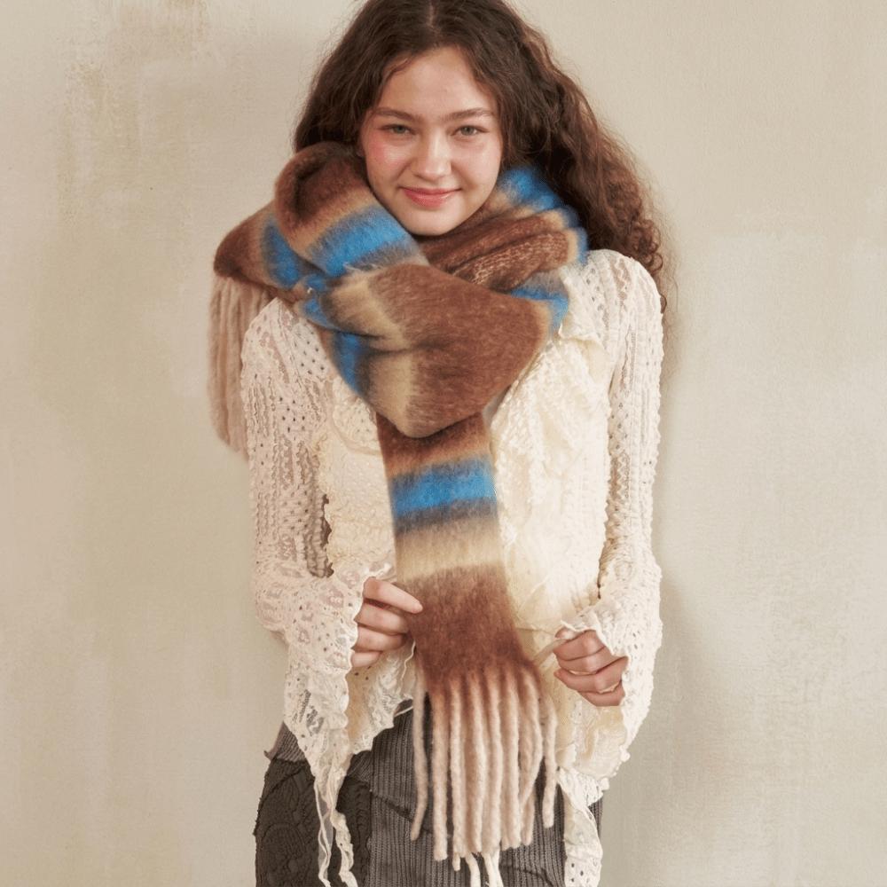 Tassel Winter Cashmere Scarves Mohair Long Shawl Retro Stripe Wool Scarf Girl
