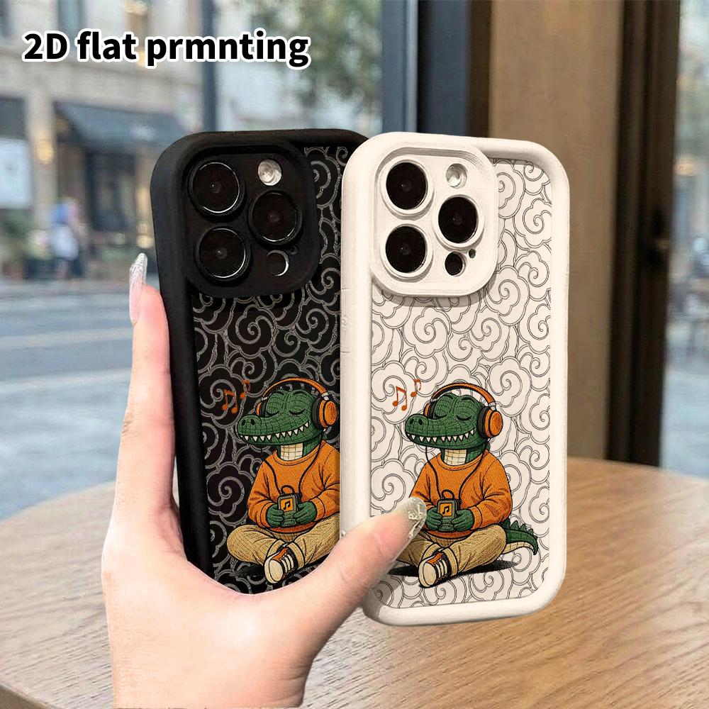 Phone Case: 2D flat design suitable for iPhone 18 17 16 15 14 13 Pro tiered protective case, music-listening crocodile, Christmas and Halloween gift