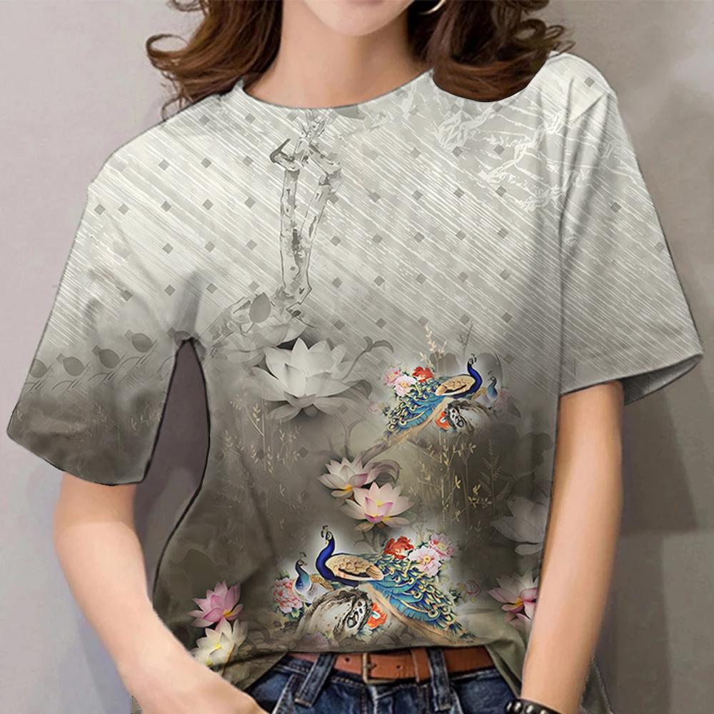 2024 Топ Женская футболка с цветочным принтом для женщин, футболки больших размеров с 3D-графикой, женская одежда, летняя блузка с коротким рукавом 5XL