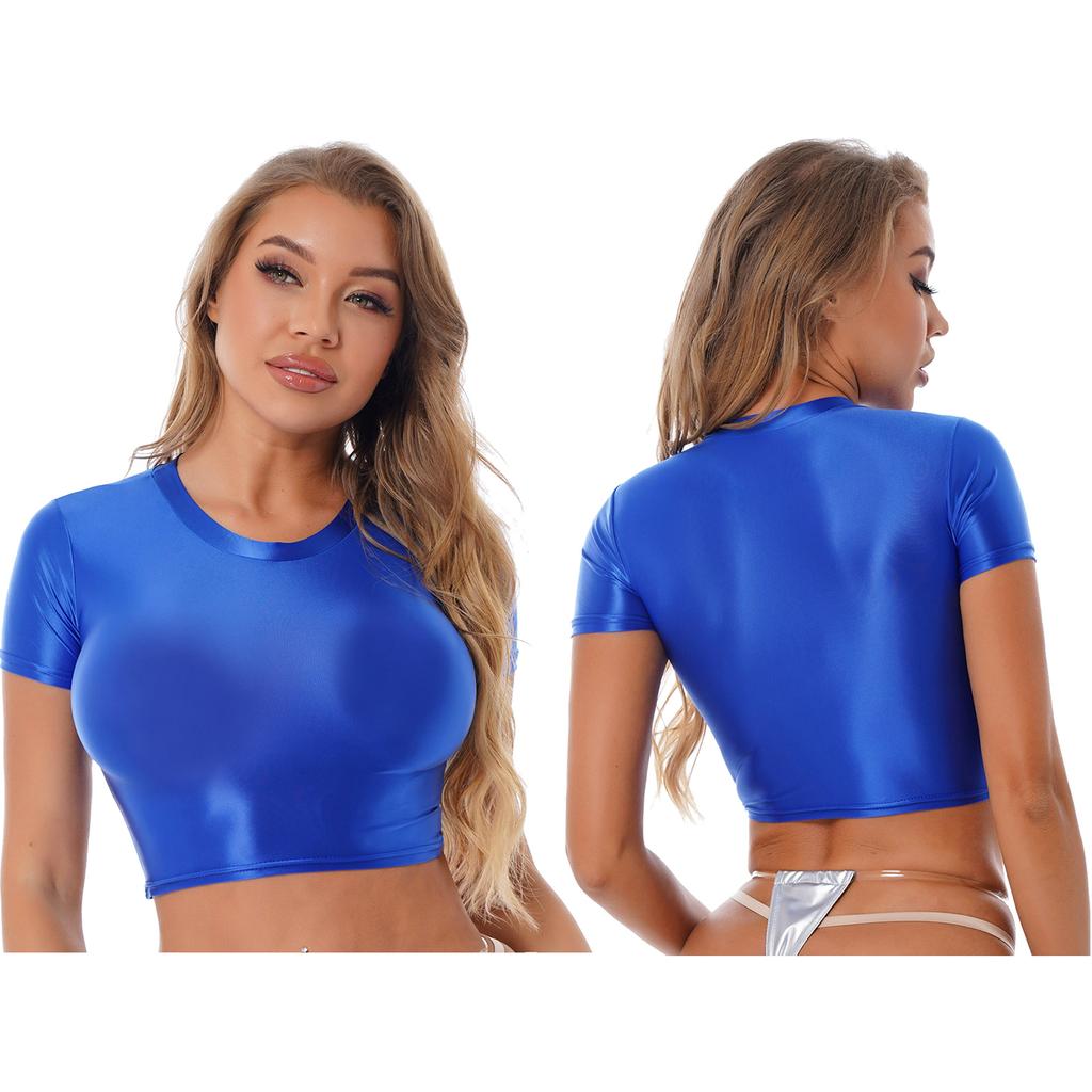 Womens Smooth Short Sleeve Crop Top Solid Color Round Neck Slim Fit T-shirt Sportswear Swimwear