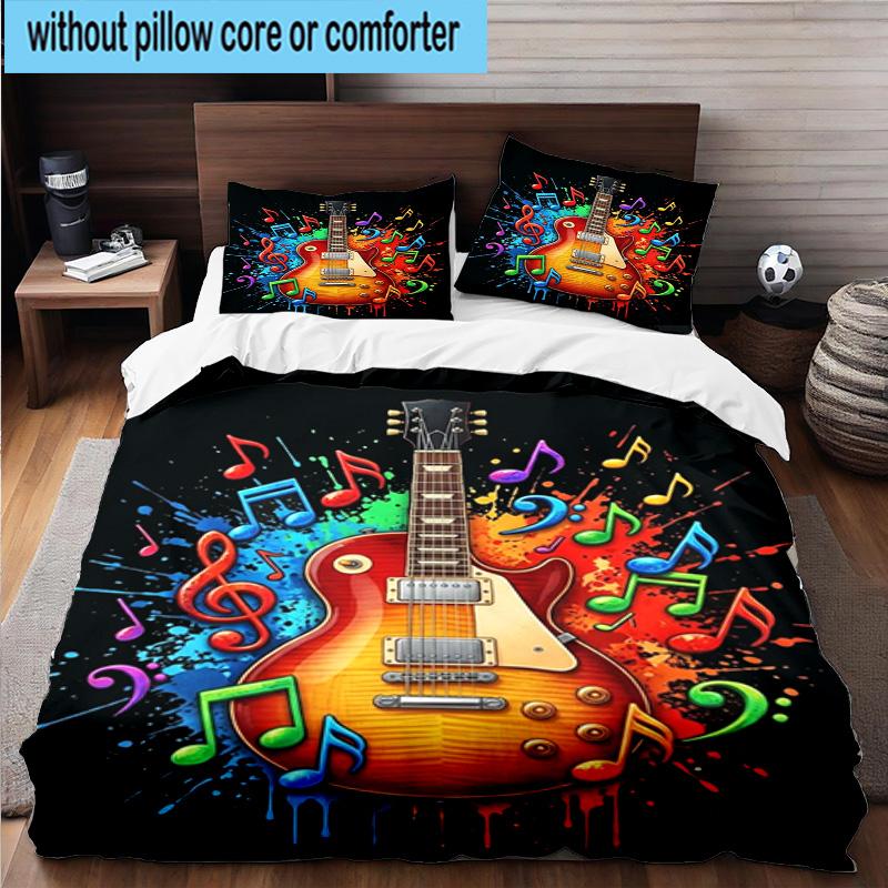 Neon Guitar Melody 3pcs Bedding,Including 1pc Duvet Cover And 2pcs Pillowcases Perfect for Christmas,Ideal for Bedroom, Dormitory