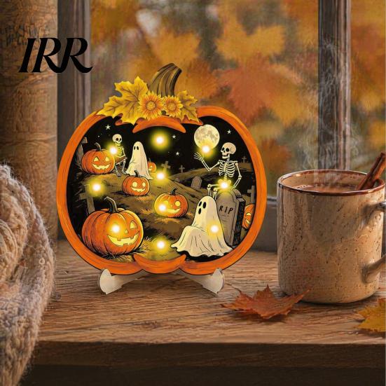 Rustic Wooden Pendant Halloween Pumpkin Sign, LED Light Up Ghost Hanging Lighted Wood Decor Wall Sign for Indoor Outdoor Holiday Party Art