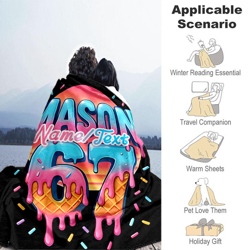 1PC Custom Name Sunny Ice Cream Celebration flannel blanket versatile,all-season throw suitable for the living room,bedroom,camping,travel,and gift