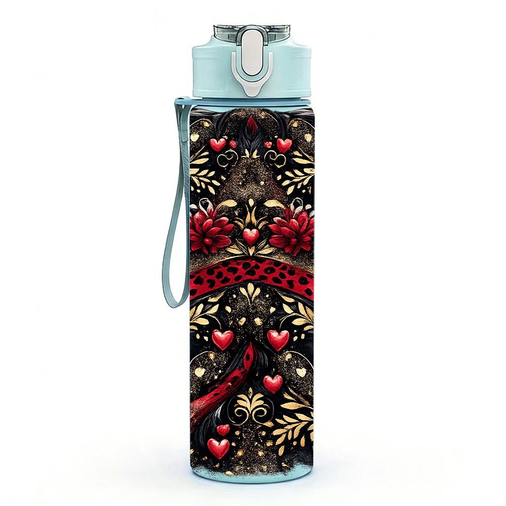1PC Dark Skull Rose Ornate Print 750ml Color Plastic Sports Water Bottle Leakproof Flip Straw Lid Suitable for Sports Office Home Use