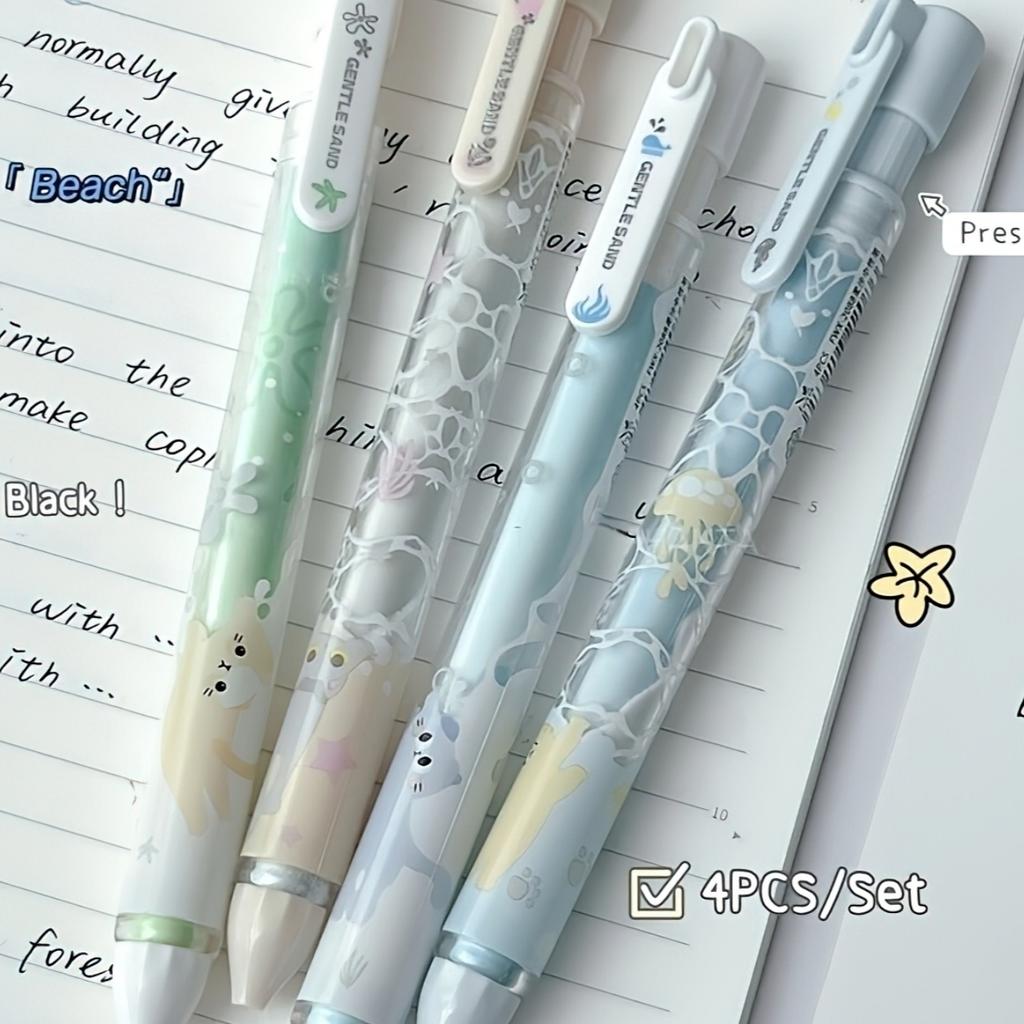 4pcs Gentle Sand Gel Pens Set Kawaii Cat Pattern Quick Dry Gel Ink 0.5mm Smooth Writing Black Color Student Back to School A3304
