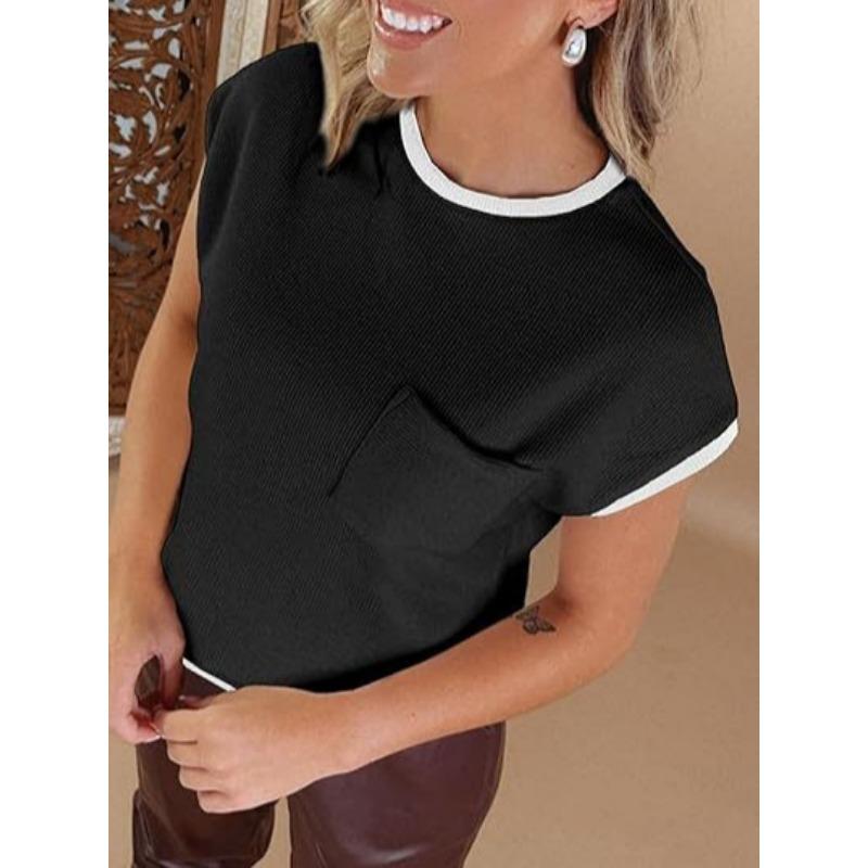 Женская футболка с коротким рукавом весна-лето, трикотажная футболка в рубчик с узором в полоску, повседневный топ для прогулок