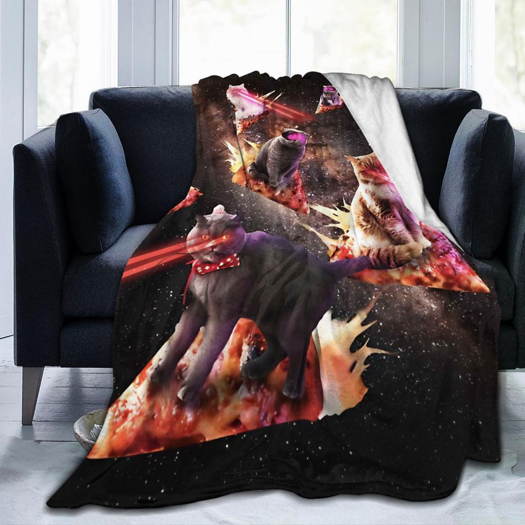 Galaxy Laser Cats Space Pizza Cat Flannel Throw Blankets Funny for Bed Knitted Blanket Office Warm Multifunction