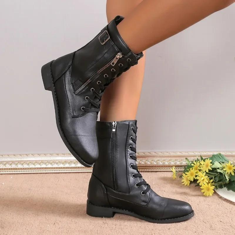 Ретро-сапоги для женщин 2024 года, зимние новые, популярные, универсальные и удобные, большого размера, короткие сапоги, рыцарские сапоги на толстом каблуке