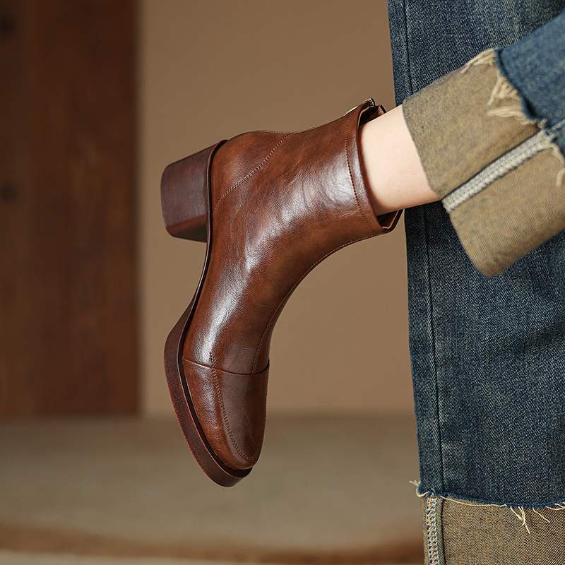 Krazing Pot Cow Skin Winter Round Toe Chunky Heels Fashion Boots Women Zipper Retro Elegant Women Ankle Boots