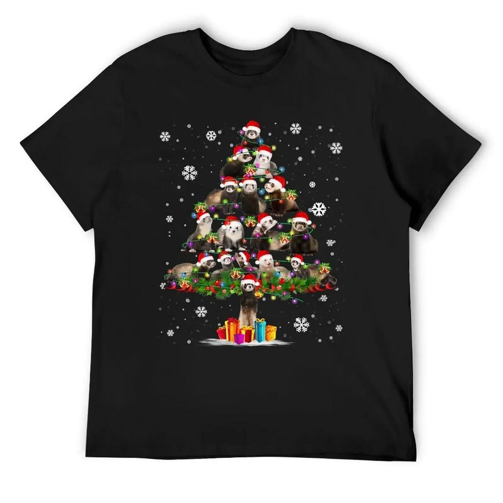 Funny Ferret Christmas Tree Light Hat In Snow Santa Xmas T-Shirt Tees Shirts Graphic Tees Blouse Man T Shirt T Shirt for Men