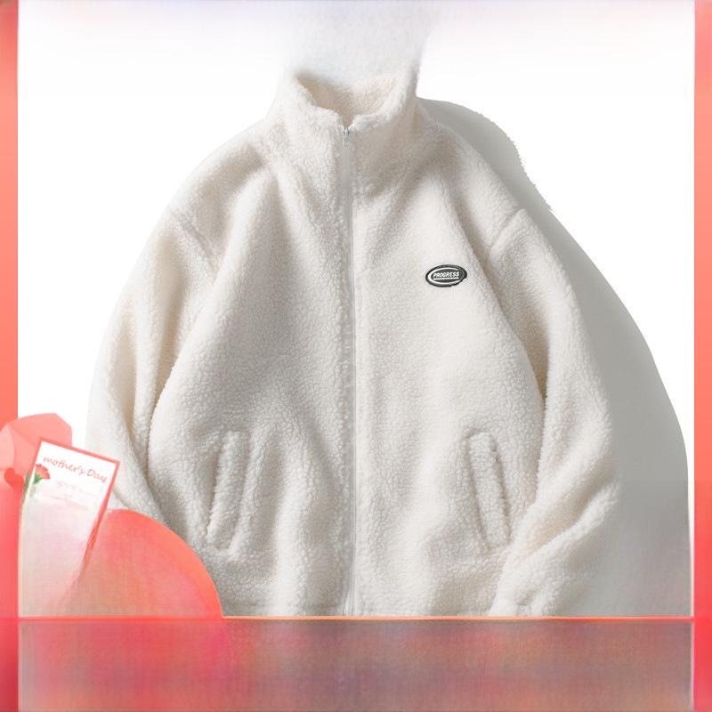 Пальто унисекс из шерсти ягненка с воротником-стойкой, осенне-зимнее, свободного кроя, утолщенный хлопок, однотонное