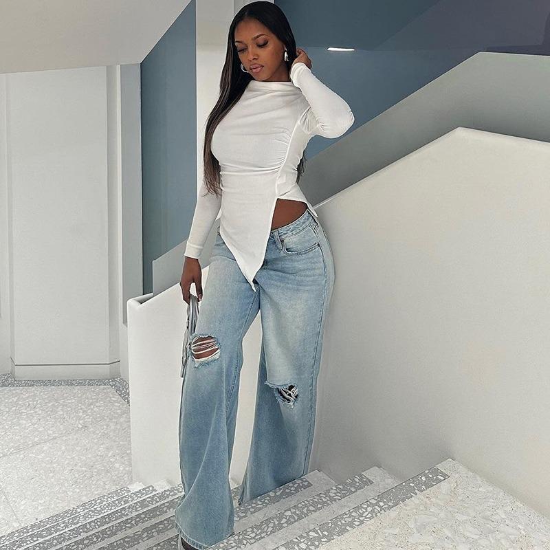 Женский обтягивающий свитер с круглым вырезом, однотонная футболка с длинным рукавом и складками, нестандартной формы