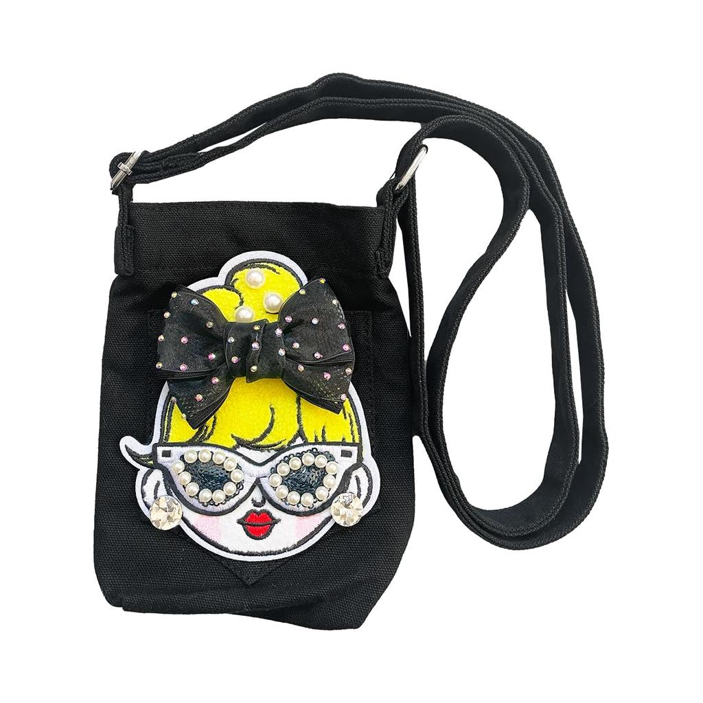 Smartphone Shoulder Denim Smartphone Pouch Pochette Shoulder Bag Pouch Crossbody Vertical Glitter Girl Smartphone Pouch [DIVA Rose] Women's (Black)