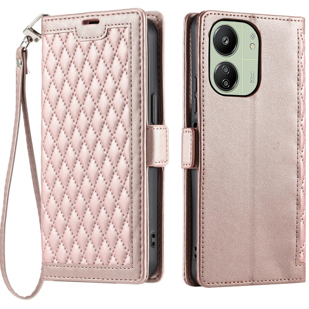 Leather Case For Xiaomi Redmi 13C 5G/4G/13R 5G/Poco C65 4G Rhombus Texture Wallet Stand Phone Cover with Wrist Strap