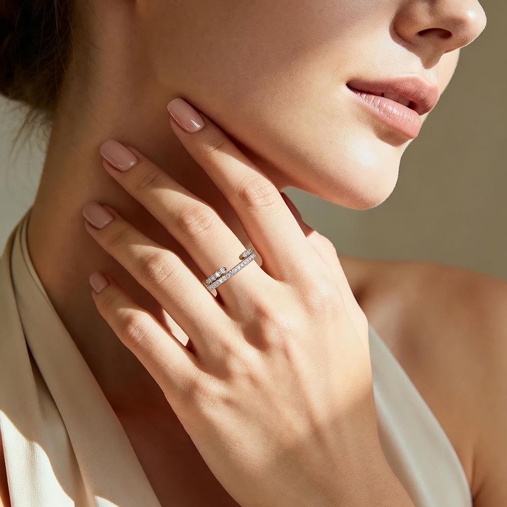 Round Moissanite Eternity Ring: 18k Gold-Plated S925 Silver, Versatile Open Design, Stackable.