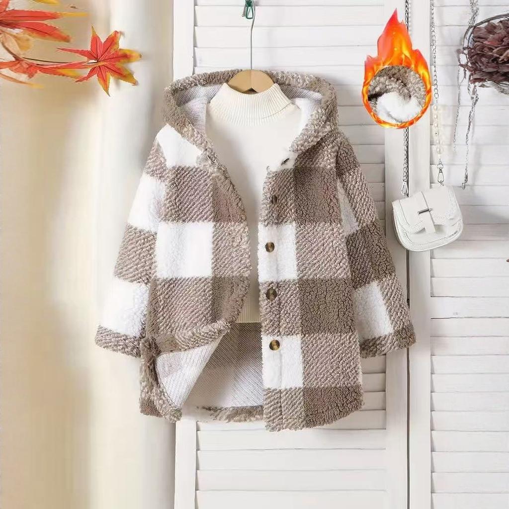 Children's Fashion Plaid Long Sleeved Hooded Plush Warm Jacket
