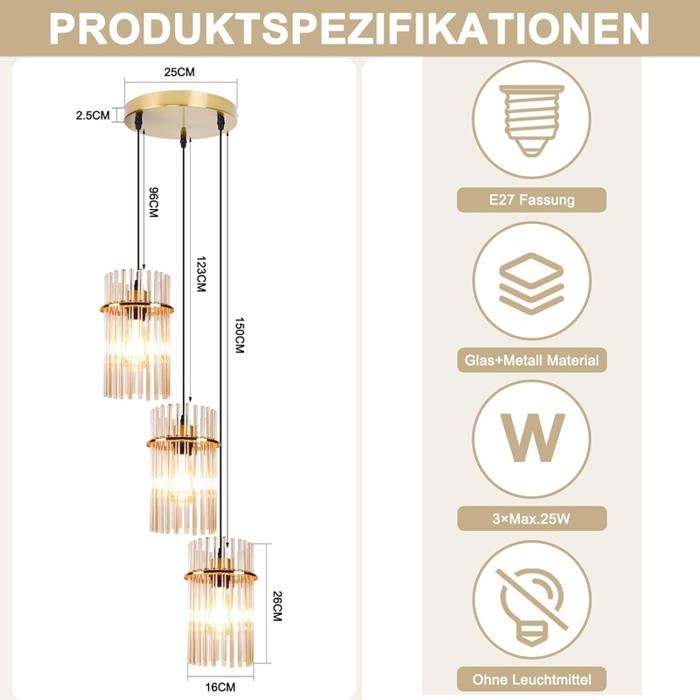 Suspension 3 flammes - NETTLIFE - Ø16 cm - Métal et verre - E27 3x25W - Or ambré réglable