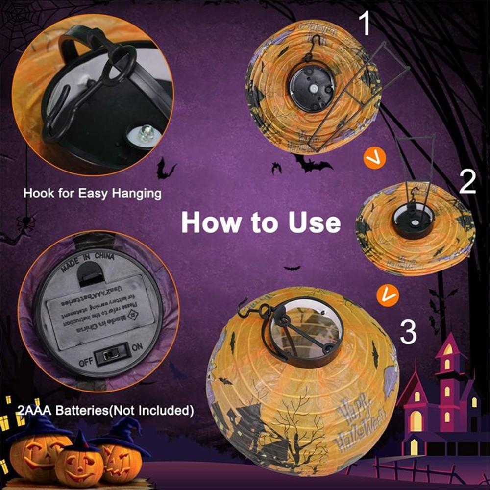6 Pcs Halloween Decorations Paper Lanterns With LED Light Bats Spiders Skeleton Castle