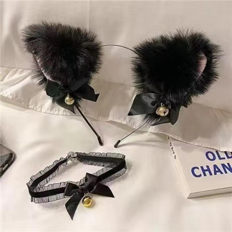 Милая плюшевая повязка на голову с кошачьими ушками, модная повязка на голову с бантом и колокольчиком для косплея, кружевное ожерелье с колокольчиком, комплект женских головных уборов для вечеринок